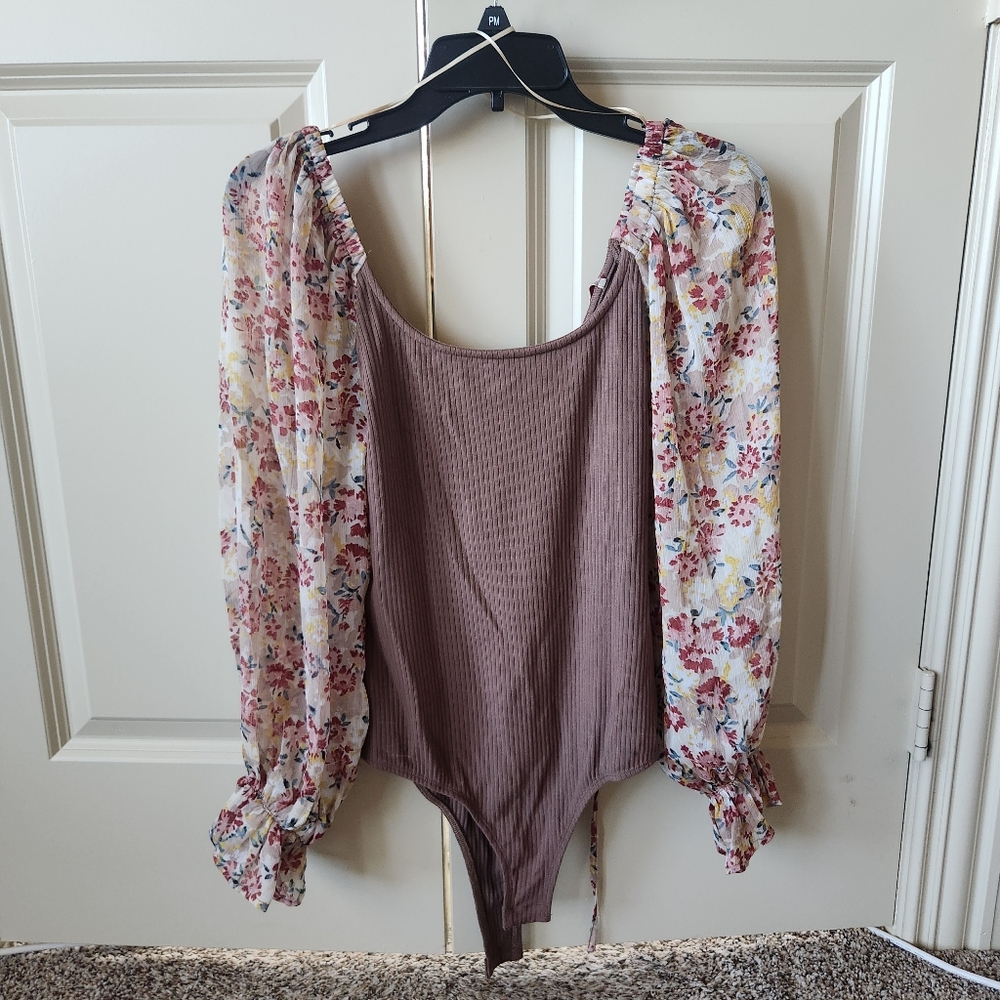 Eesome Brown Bodysuit With Floral Sleeves